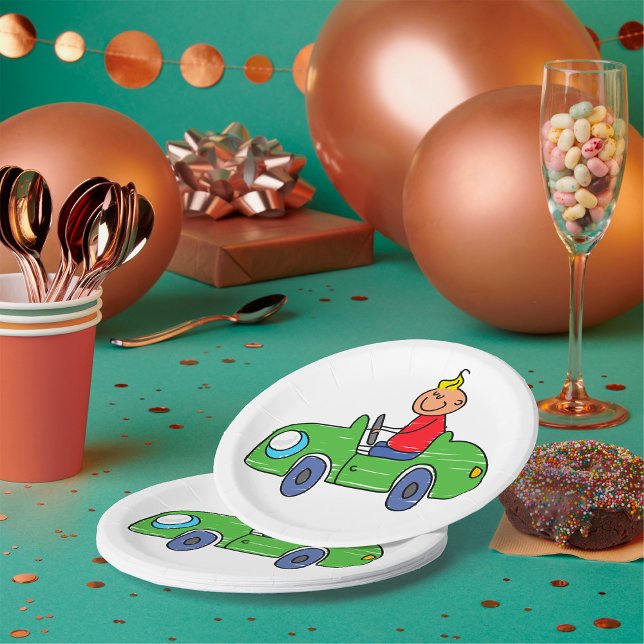 Cute Kid Driving Green Car Childrens Illustration Paper Plate (Creator Uploaded)