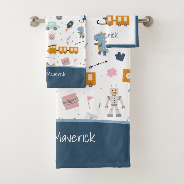 Cute Kid Pattern Photo and Name Boy Blue Bathroom Bath Towel Set (Insitu)