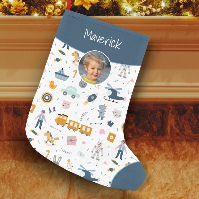 Cute Kid Pattern Photo and Name Boy Blue Small Christmas Stocking (Creator Uploaded)