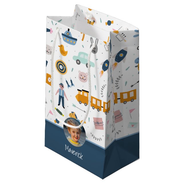Cute Kid Pattern Photo and Name Boy Blue Small Gift Bag (Front Angled)