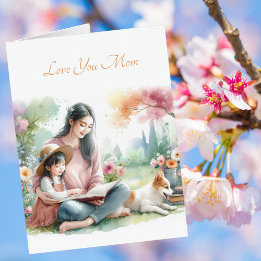 Cute Kid Reading with Mum Mother's Day Watercolor