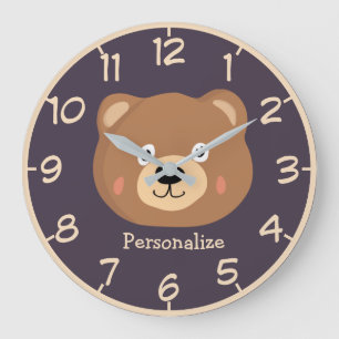 Cute Kid Teddy Bear Cartoon Brown Bear Personalise Large Clock