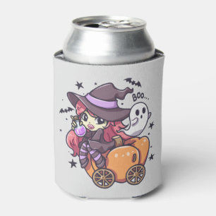Cute Kid Witch Sitting on a Pumpkin Car Can Cooler