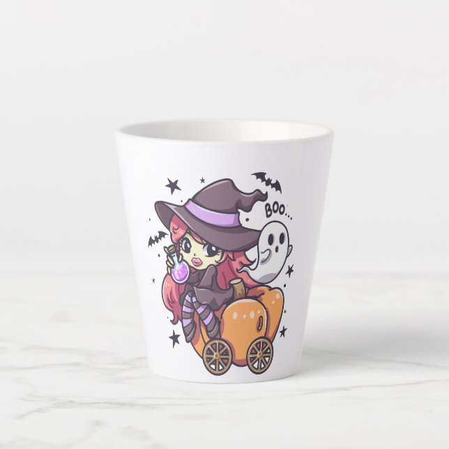 Cute Kid Witch Sitting on a Pumpkin Car Latte Mug (Front)