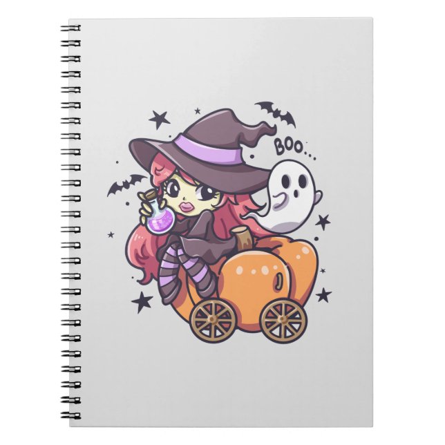 Cute Kid Witch Sitting on a Pumpkin Car Notebook (Front)