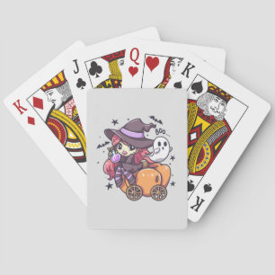 Cute Kid Witch Sitting on a Pumpkin Car Playing Cards