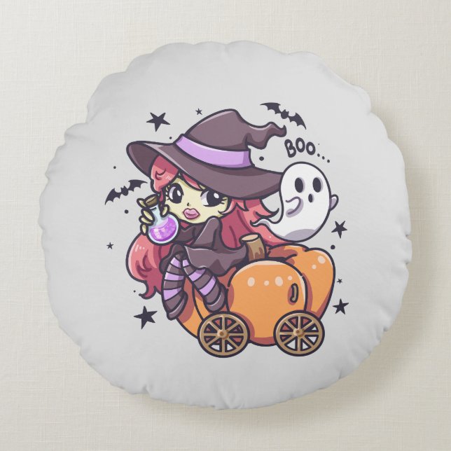 Cute Kid Witch Sitting on a Pumpkin Car Round Cushion (Front)