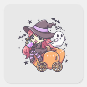 Cute Kid Witch Sitting on a Pumpkin Car Square Sticker