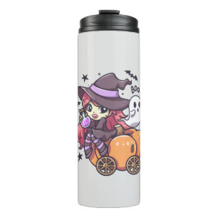 Cute Kid Witch Sitting on a Pumpkin Car Thermal Tumbler