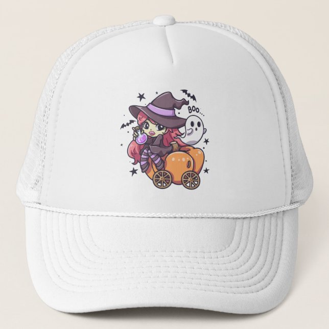 Cute Kid Witch Sitting on a Pumpkin Car Trucker Hat (Front)