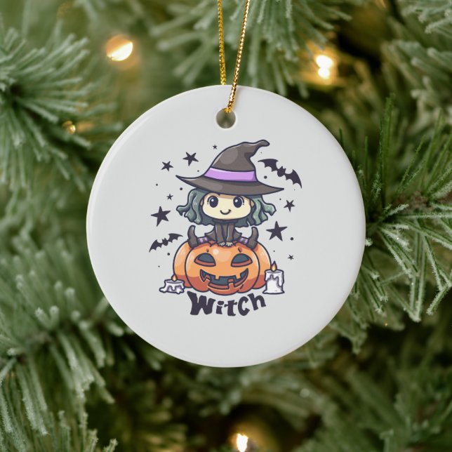 Cute Kid Witch Sitting on a Pumpkin – "Witch" Ceramic Tree Decoration (Tree)