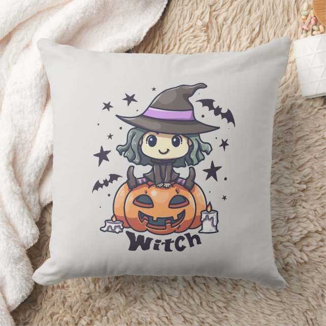 Cute Kid Witch Sitting on a Pumpkin – "Witch" Cushion (Blanket)