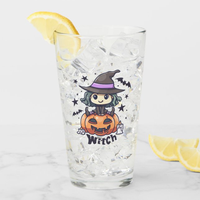 Cute Kid Witch Sitting on a Pumpkin – "Witch" Glass (Front Ice)