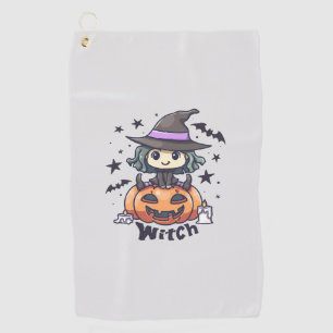 Cute Kid Witch Sitting on a Pumpkin – "Witch" Golf Towel