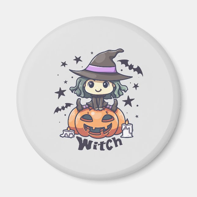 Cute Kid Witch Sitting on a Pumpkin – "Witch" Magnet (Front)