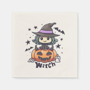 Cute Kid Witch Sitting on a Pumpkin – "Witch" Napkin