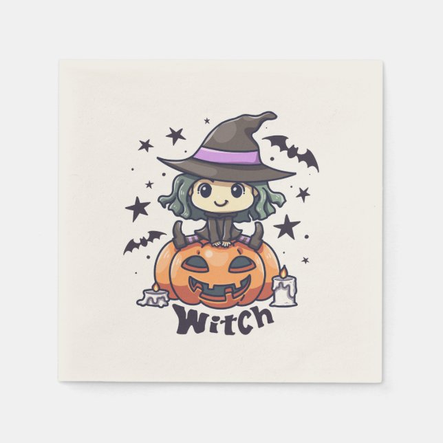 Cute Kid Witch Sitting on a Pumpkin – "Witch" Napkin (Front)