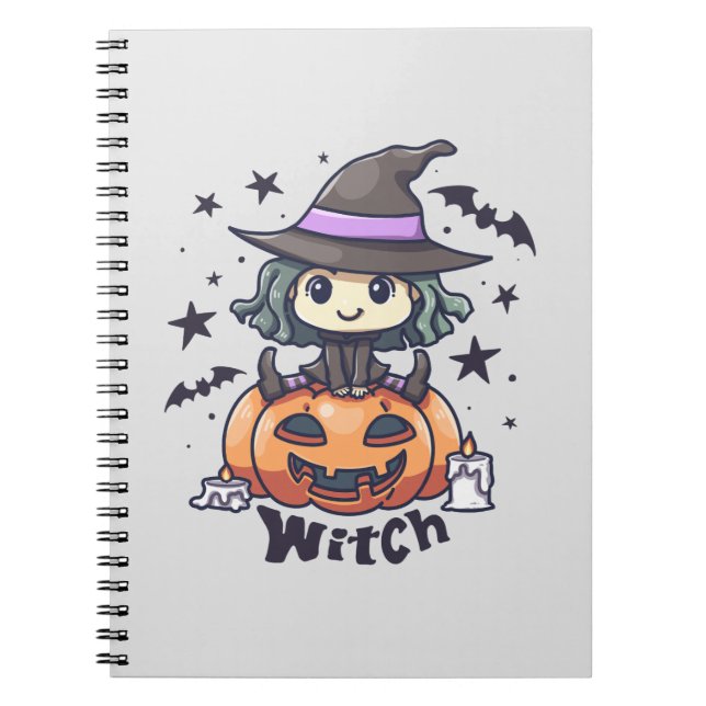 Cute Kid Witch Sitting on a Pumpkin – "Witch" Notebook (Front)