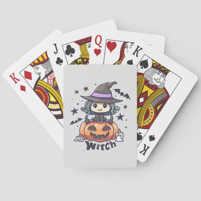 Cute Kid Witch Sitting on a Pumpkin – "Witch" Playing Cards (Back)