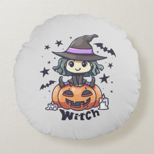Cute Kid Witch Sitting on a Pumpkin – "Witch" Round Cushion