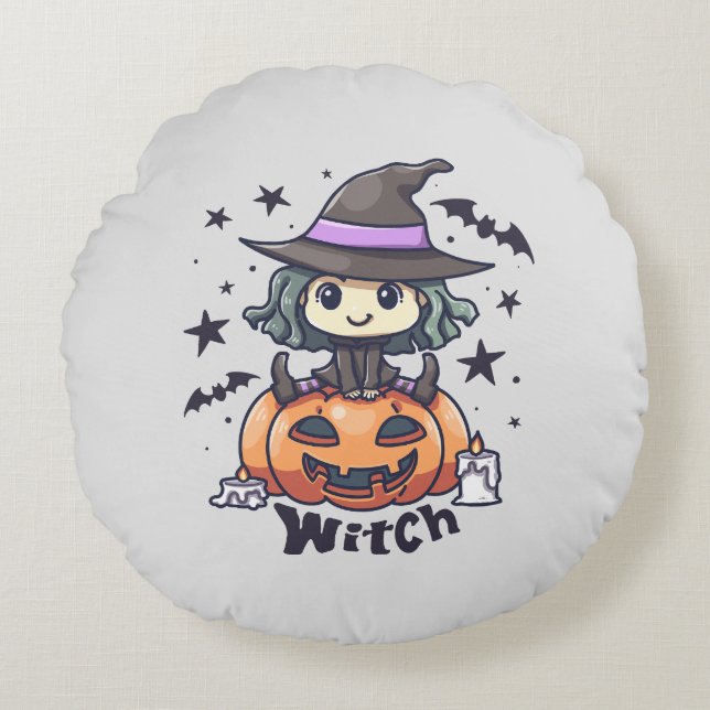 Cute Kid Witch Sitting on a Pumpkin – "Witch" Round Cushion (Front)