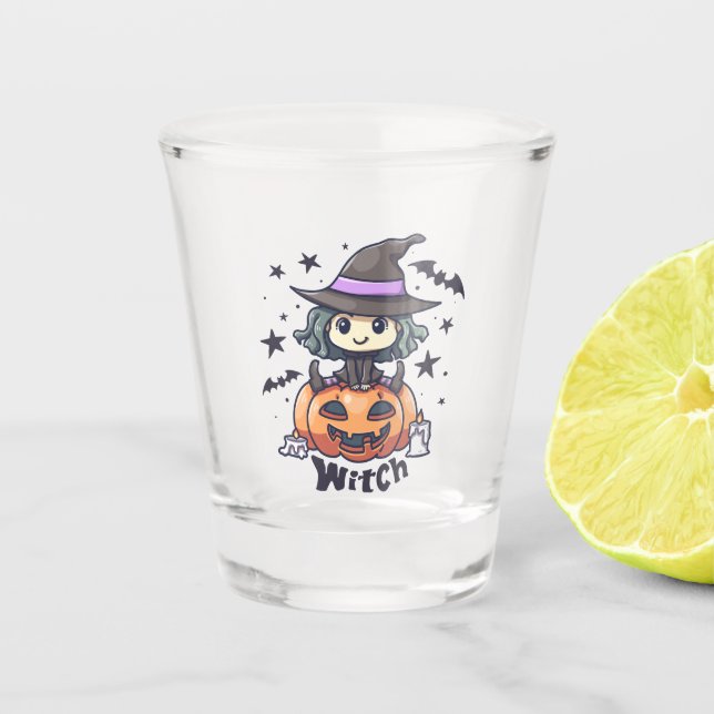 Cute Kid Witch Sitting on a Pumpkin – "Witch" Shot Glass (Front)