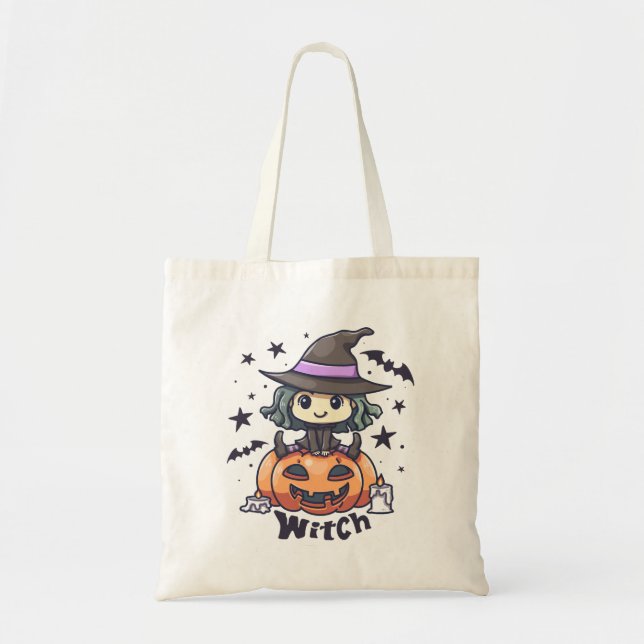Cute Kid Witch Sitting on a Pumpkin – "Witch" Tote Bag (Front)