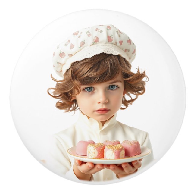 Cute kid with gourmet heart-shaped pink chocolates ceramic knob (Front)