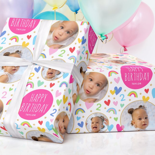 Cute Kids 2nd Birthday Rainbow Photo Hearts Pink Wrapping Paper (Creator Uploaded)