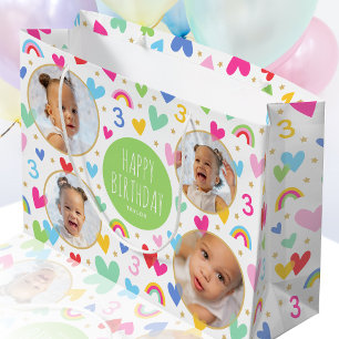 Cute Kids 3rd Birthday Rainbow Photo Hearts Green Large Gift Bag