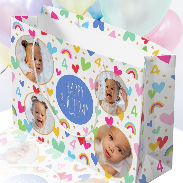 Cute Kids 4th Birthday Rainbow Photo Hearts Blue Large Gift Bag (Creator Uploaded)