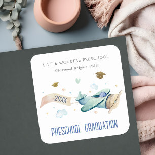 Cute Kids Aeroplane Sky Stars Preschool Graduation Square Sticker