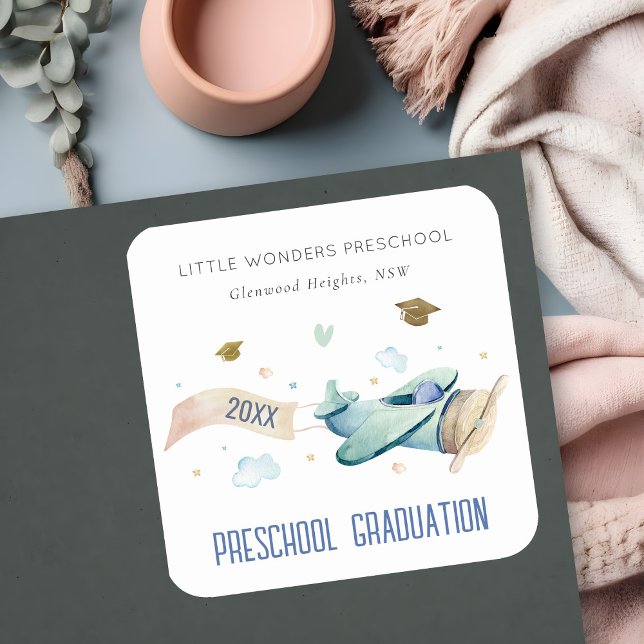 Cute Kids Aeroplane Sky Stars Preschool Graduation Square Sticker (Creator Uploaded)