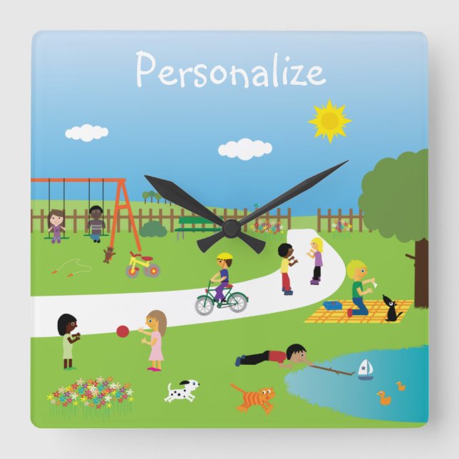 Cute Kids & Animals Playing in the Park Square Wall Clock (Front)
