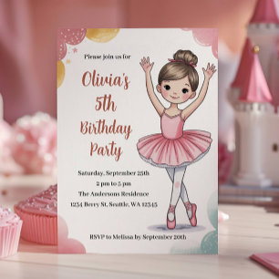 Cute Kids Ballerina 5th Birthday Party Invitation