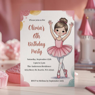 Cute Kids Ballerina 6th Birthday Party Invitation
