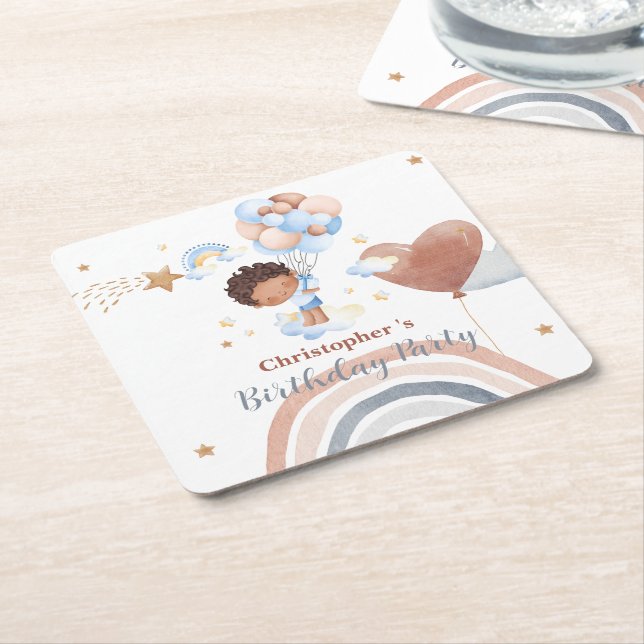 Cute kids Balloon African american boys Birthday Square Paper Coaster (Angled)