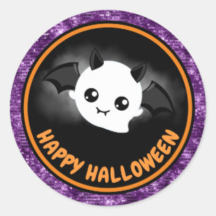 Cute Kids Bat & Purple Glitter Happy Halloween Classic Round Sticker