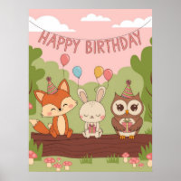 Cute Kids' Birthday Design with Fox, Bunny & Owl