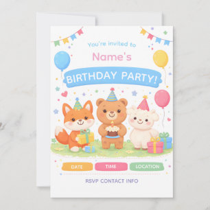 Cute Kids Birthday Invitation   Pastel Animal Birt