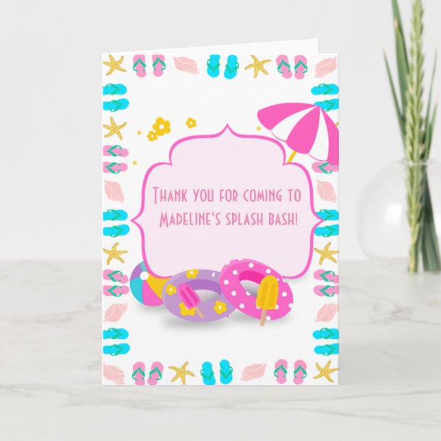 Cute kids birthday pool party thank you note (Front)