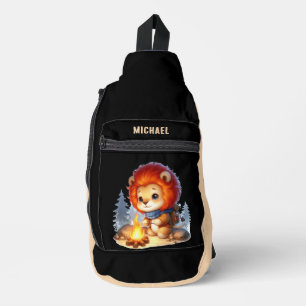 Cute kids camping add name lion sling bag