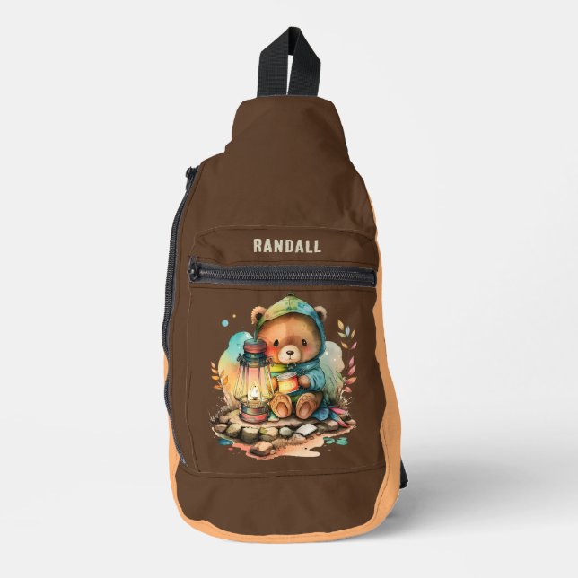 Cute kids camping bear add name sling bag (Front)
