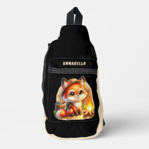 Cute kids camping fox add name sling bag