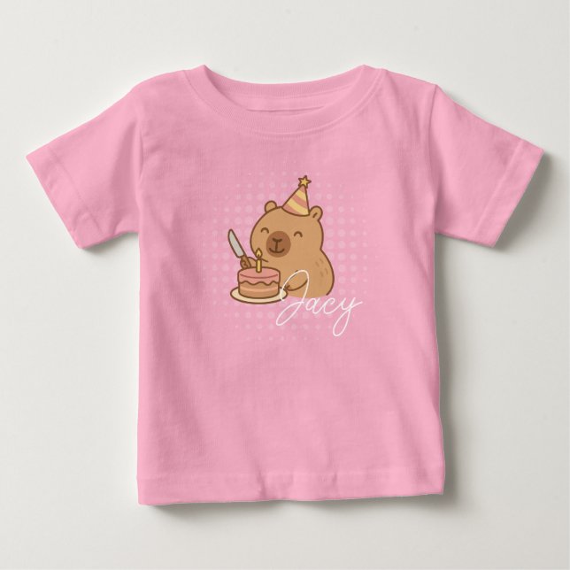 Cute Kids Capybara eating cake Birthday Purple Baby T-Shirt (Front)