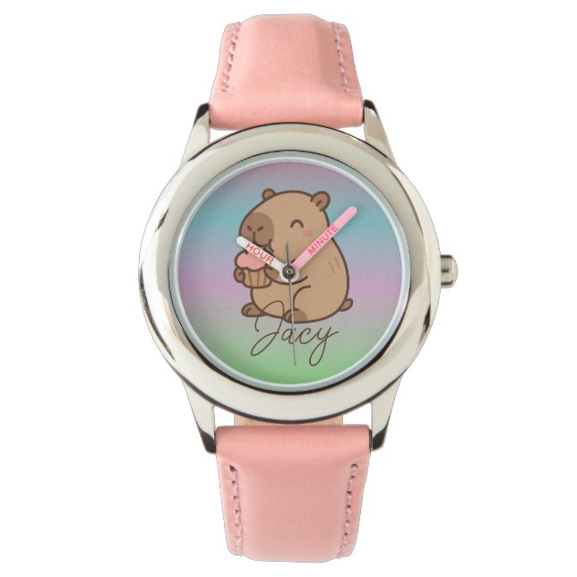 Cute Kids Capybara eating cupcakes Rainbow Watch (Front)