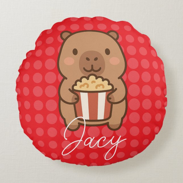 Cute Kids Capybara eating popcorn Round Cushion (Front)