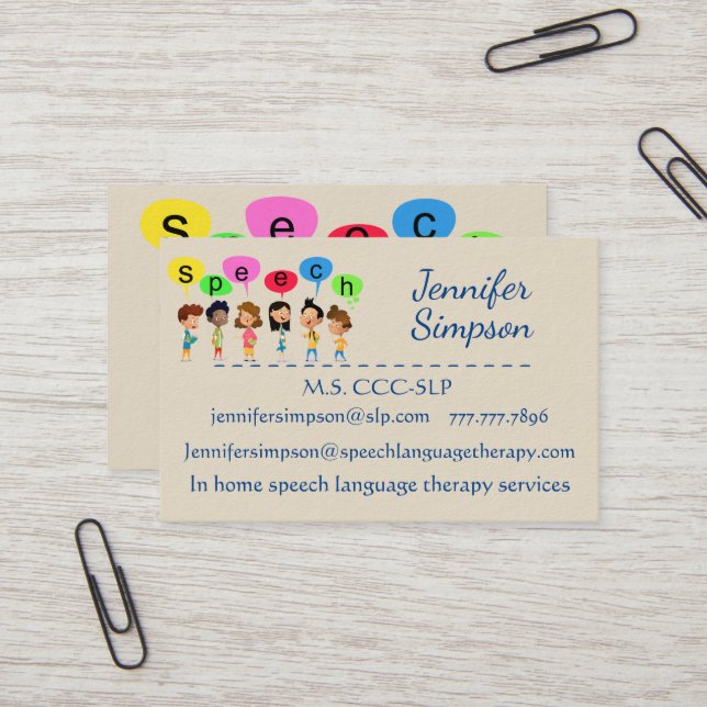 Cute Kids Cartoon Holding Speech Words Business Card (Front/Back In Situ)
