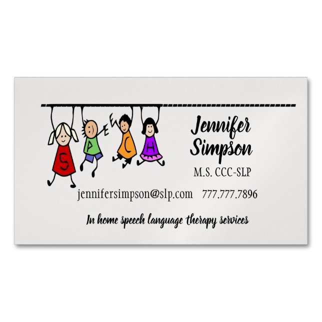 Cute Kids Cartoon Holding Speech Words Magnetic Business Card (Front)