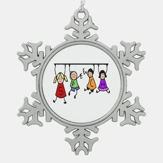 Cute Kids Cartoon Holding Speech Words Snowflake Pewter Christmas Ornament (Front)